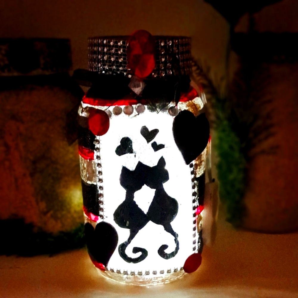 Handmade Enchantment Nite Lite Jar ( Kitty Couple ) Watching TV In the Night.